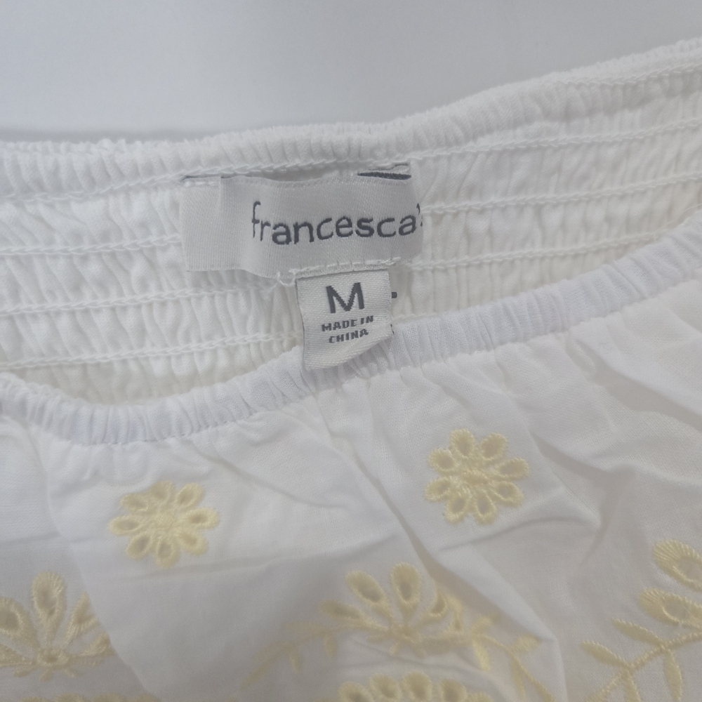 Francesca's Smocked Crop Top White Yellow Eyelet Ruffle Cottagecore Boho - Picture 2 of 6
